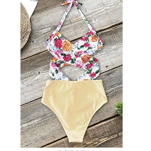 Cupshe Floral & Striped Wrap Top Monokini … - Picture 3 of 6